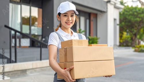 Delivery woman in uniform, outdoors, holds boxes with a smile, next to a modern residential building