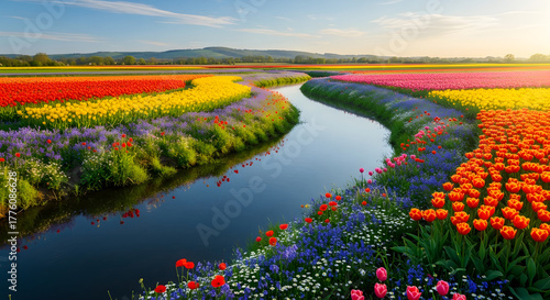 Scenic river flows through vibrant flower fields, creating a breathtaking vista