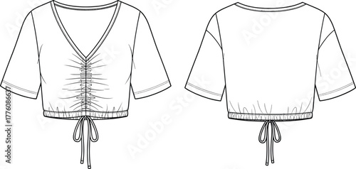 CAD Drawing Flat Vector Illustration of Cropped Women’s Top with V-Neckline, Ruched Center Seam, Short Sleeves, and Drawstring Hem