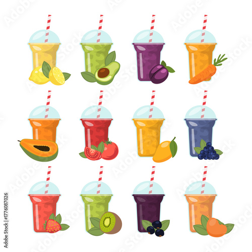 Set of fresh smoothie drink collection with various fruits and vegetables blend. Fruit juice refreshing beverage, milkshake. Tomato, strawberry, lemon, kiwi, peach, papaya, mango, carrot, avocado.