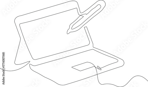 Drawing of laptop with pen in one line style isolated.
