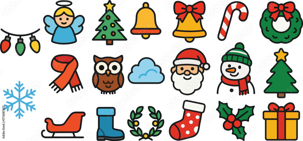 Fototapeta premium Festive christmas icons isolated on white background, including angel, christmas tree, bell, bow, candy cane, wreath, lights, scarf, owl, cloud, santa, snowman, snowflake, and more