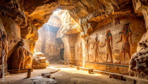 Egyptian tomb interior sunlight illuminates carvings in stone walls, statues stand, revealing history and culture