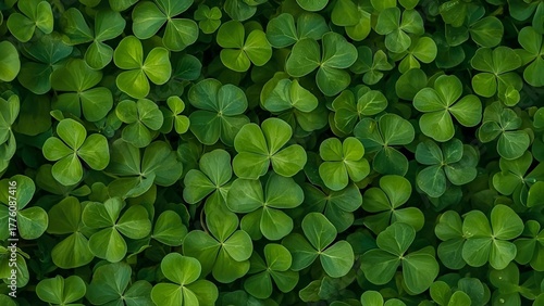 A seamless background filled with fresh green clover leaves, natural lighting, high detail, realistic texture, soft shadows, macro photography style.