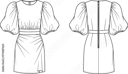 CAD Drawing Flat Vector Illustration of Dress with Puff Sleeves, Fitted Bodice, Draped Skirt, Cinched Waist, and Back Zipper