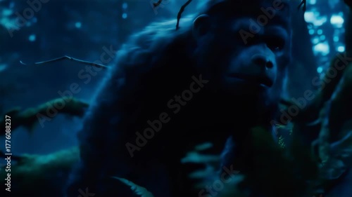 A gorilla creeps in a forest