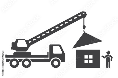 worker  near car truck with crane machine lift roof of house icon