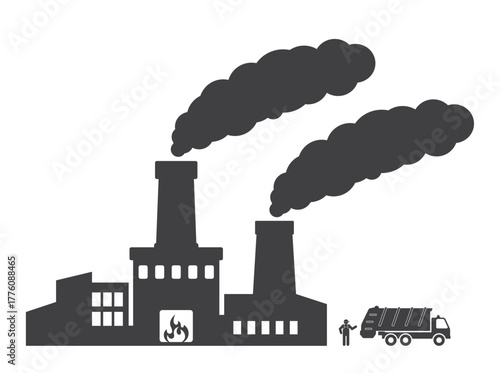 waste incineration factory plant with garbage truck and worker icon