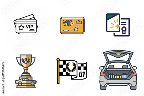 VIP Status, Achievement, Racing, and Travel Icons Set