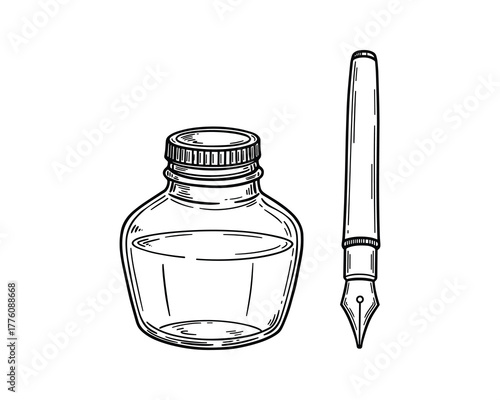 Ink Bottle and Fountain Pen on White Background