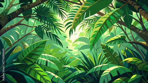 An immersive texture of jungle canopy leaves viewed from above, layered with multiple green shades, sunlight filtering through, evoking tropical energy and natural depth, detailed vector artwork