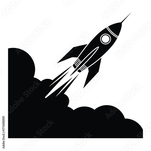 Rocket blasting past clouds Silhouette, Vector, Illustration