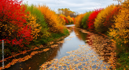 Scenic autumn river landscape with vibrant colorful foliage and fallen leaves