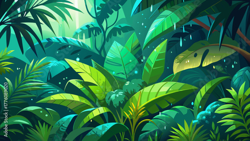 A vibrant top view of tropical rainforest foliage, layered with various green leaves, wet with raindrops, glowing under soft diffused light, radiating freshness and natural harmony