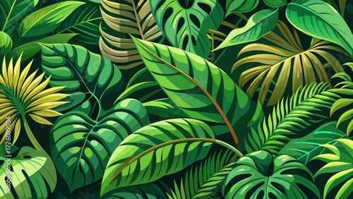 A detailed close-up texture of lush green tropical foliage, leaves overlapping with natural light and shadows, creating a rich organic pattern full of freshness, depth, and natural beauty