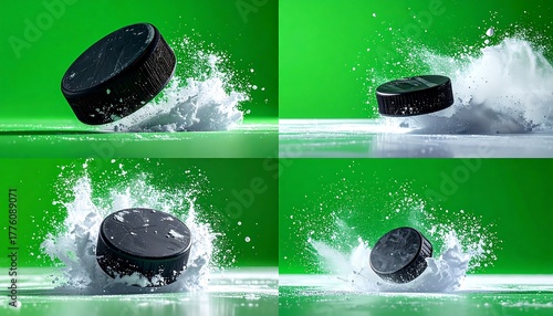 Four frames Black hockey puck impacts water, creating splash against a vibrant green backdrop