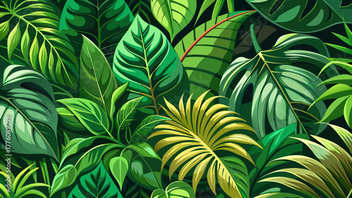 A detailed close-up texture of lush green tropical foliage, leaves overlapping with natural light and shadows, creating a rich organic pattern full of freshness, depth, and natural beauty