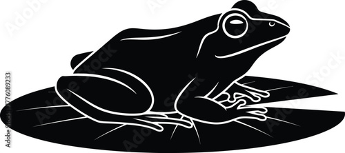Black silhouette frog sitting on lily pad for nature wildlife pond ambiance isolated on transparent background