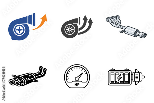 Automotive Performance and Tuning Icons Set: Turbocharger, Exhaust System, Horsepower Gauge, Engine Power Components