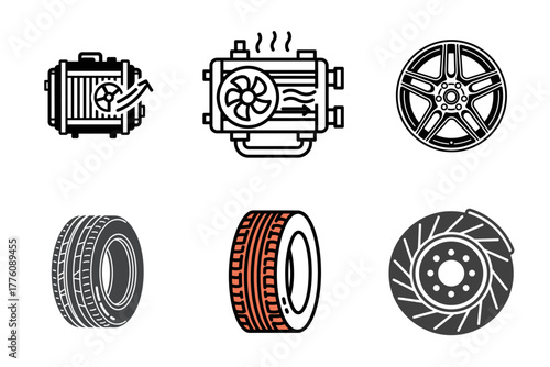 Automotive Parts and Components Icons Set - Car Radiator, Wheel, Tire, and Brake Symbols