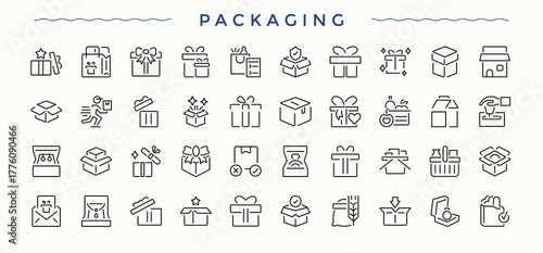 Packaging icon set. Coupon collection of simple line web icons. Minimalist icons pack. Gifts icon set. Editable vector art.