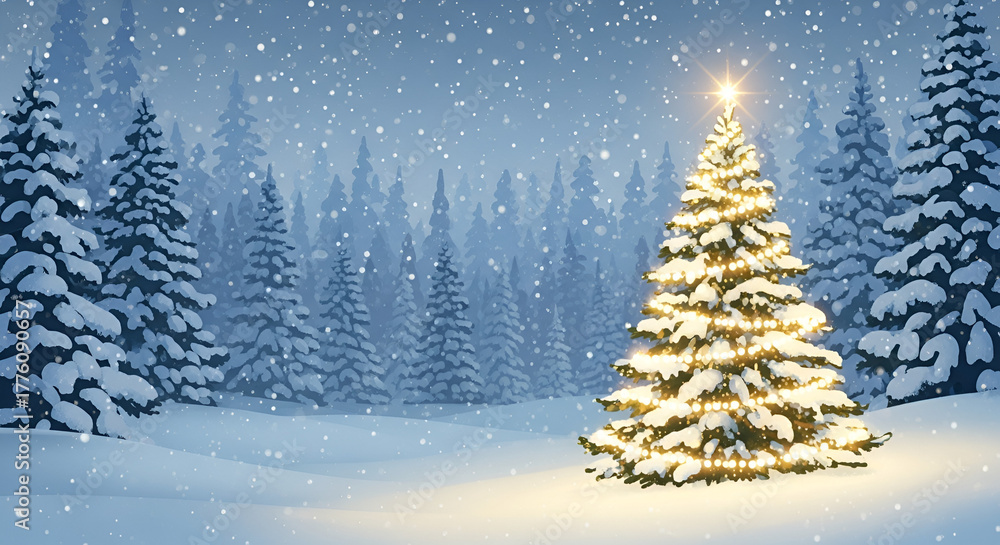 Obraz premium Christmas and winter holiday marketing background, with winter and christmas tree themes, christmas ornaments and presents, snowy vibes.