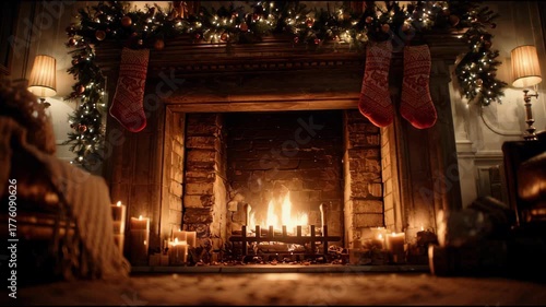 Wallpaper Mural Christmas fireplace with burning fire, holiday socks, and festive decorations in cozy living room Torontodigital.ca