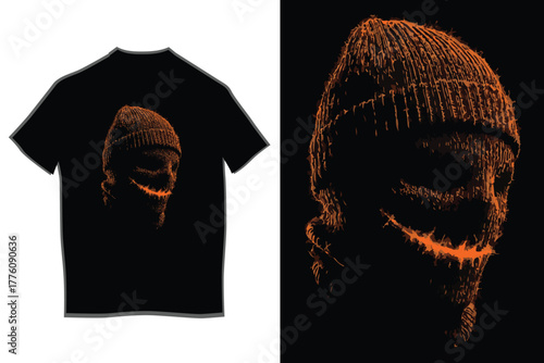 Disturbing balaclava mask design with sharp white graphic detail and orange distressed mouth on a black shirt, capturing a grim, urban aesthetic illustration.
