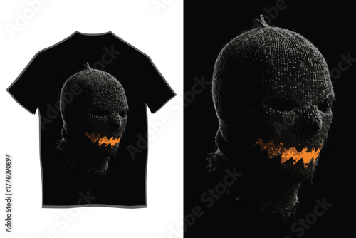 Disturbing balaclava mask design with sharp white graphic detail and orange distressed mouth on a black shirt, capturing a grim, urban aesthetic illustration.
