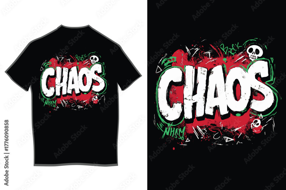 Obraz premium Chaos word typography design on black t-shirt, featuring grunge brush strokes, distressed text, abstract skulls, and vibrant graffiti elements for urban fashion.