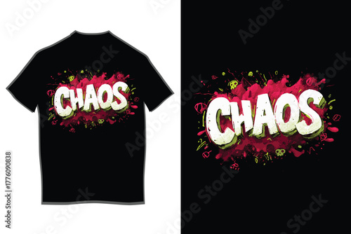 Chaos word typography design on black t-shirt, featuring grunge brush strokes, distressed text, abstract skulls, and vibrant graffiti elements for urban fashion.