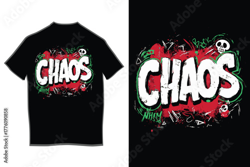 Chaos word typography design on black t-shirt, featuring grunge brush strokes, distressed text, abstract skulls, and vibrant graffiti elements for urban fashion.