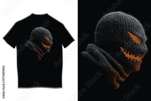 Disturbing balaclava mask design with sharp white graphic detail and orange distressed mouth on a black shirt, capturing a grim, urban aesthetic illustration.