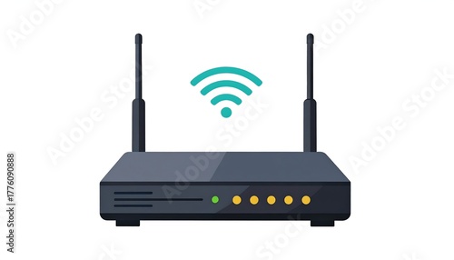 Gray router with two antennae and turquoise wifi symbol floating above on a plain white background