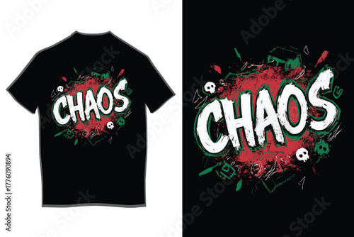 Chaos word typography design on black t-shirt, featuring grunge brush strokes, distressed text, abstract skulls, and vibrant graffiti elements for urban fashion.