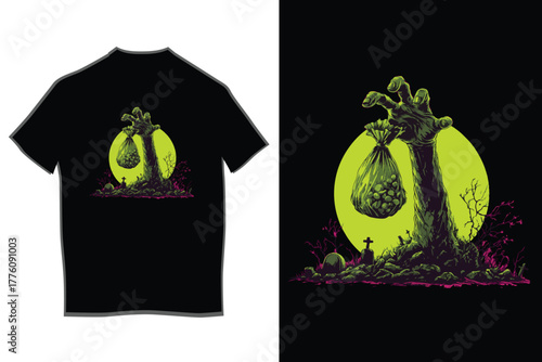 Zombie hand rising from a spooky graveyard, clutching a mysterious tied sack, illuminated by a vibrant pink full moon, with silhouette bats flying, perfect halloween illustration.