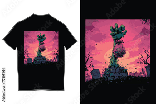 Zombie hand rising from a spooky graveyard, clutching a mysterious tied sack, illuminated by a vibrant pink full moon, with silhouette bats flying, perfect halloween illustration.