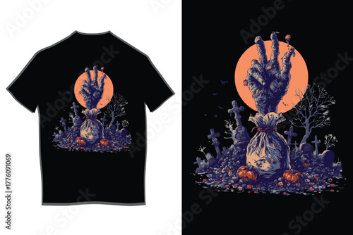 Zombie hand rising from a spooky graveyard, clutching a mysterious tied sack, illuminated by a vibrant pink full moon, with silhouette bats flying, perfect halloween illustration.