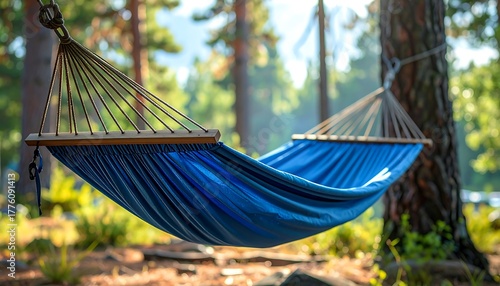 Hammock strung between trees, blue fabric. Soft sunlight filters through green pine forest, rustic and inviting scene
