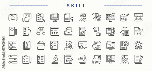 Set of Skill line icon. Pack of ability, intelligence, creativity, talent and more. Icons for UI design. Communication icon set. Signs for web and mobile app.