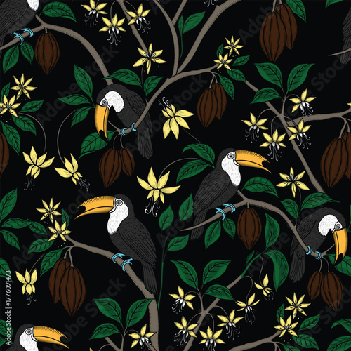 Toucans on cocoa branches vector seamless pattern. Exotic birds and chocolate fruits hand drawn endless print for fabric and wallpaper in sketch style. Retro background toile de jouy.