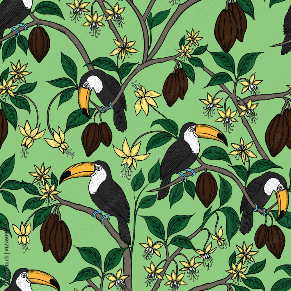 Obraz premium Toucans on cocoa branches vector seamless pattern. Exotic birds and chocolate fruits hand drawn endless print for fabric and wallpaper in sketch style. Retro background toile de jouy.