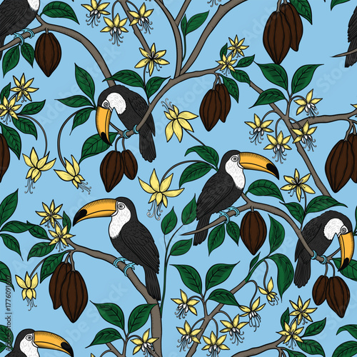 Toucans on cocoa branches vector seamless pattern. Exotic birds and chocolate fruits hand drawn endless print for fabric and wallpaper in sketch style. Retro background toile de jouy.	