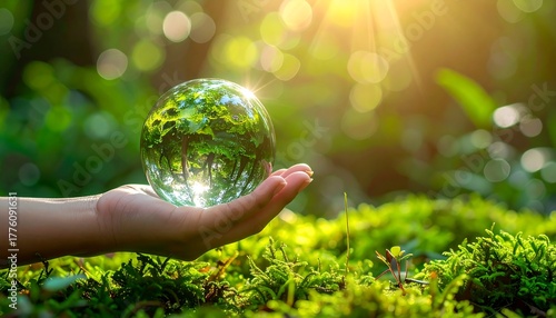 Hand holding a glass orb, reflecting a lush forest, bathed in golden sunlight on a bed of vibrant moss