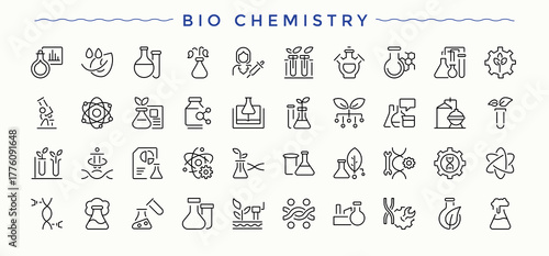 Bio Chemistry line icon set. Thin line icons set. Vector illustration. Pixel perfect. Biotechnology icon pack. Related to engineering, laboratory, molecular, biotech, biology and more.