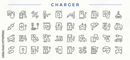 Charger icon collection. Battery line icon set. Sign and Symbol. Contains such icons as power, energy, electricity, electrical and more. Signs for web and mobile app.