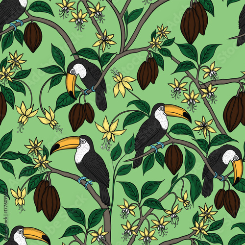 Toucans on cocoa branches vector seamless pattern. Exotic birds and chocolate fruits hand drawn endless print for fabric and wallpaper in sketch style. Retro background toile de jouy.	