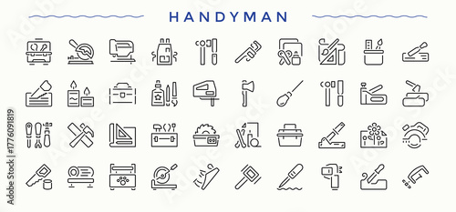 Carpentry icon set. Carpenter perfect for logos and infographic. Outline icons in linear style. Wood Craft line icon set. Editable stroke collections.