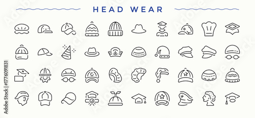 Head Wear vector icon set. Pack of wear, fashion, illustration, graduation, man, hats and cap and more. Wear icon set. Minimalist icons collection. Vector illustration.