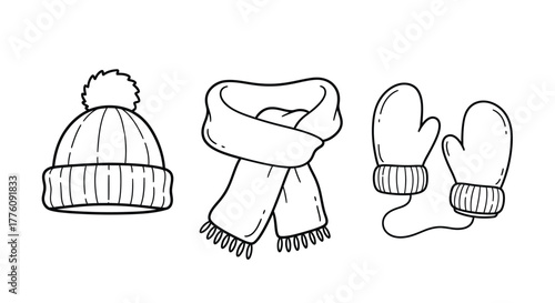Hand drawn winter hat scarf and mittens sketch for cozy cold weather season vector